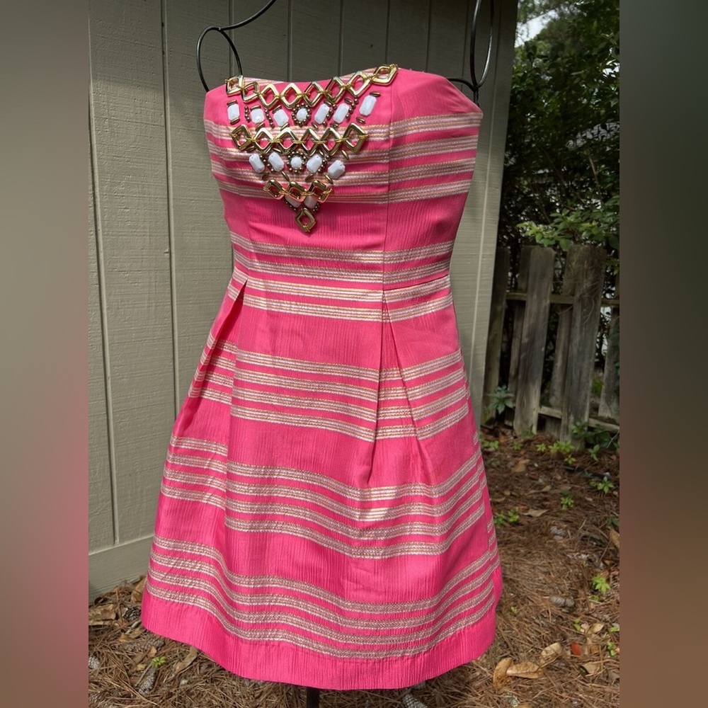 Lilly Pulitzer Gold and Pink Beaded Dress Size 10
